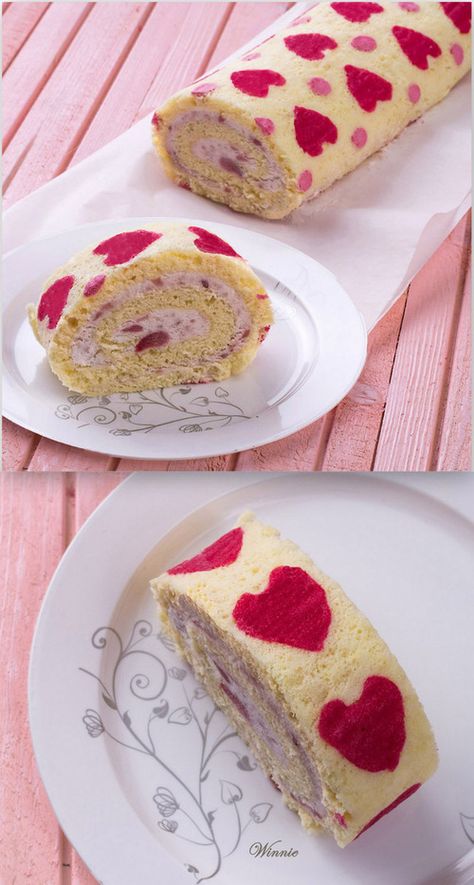 Imagen de dessert, hearts, and food Swiss Roll Cake, Fast Food Places, Patterned Cake, Cupcake Art, Swiss Roll, Valentines Food, Roll Cake, Cake Roll, Strawberry Recipes