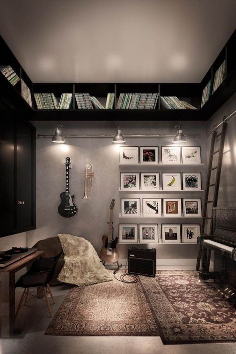 Ruang Studio Musik, Office Music Room, Studio Music Room, Music Room Office, Music Themed Rooms, Music Themed Bedroom, Music Room Design, Music Bedroom, Lots Of Books