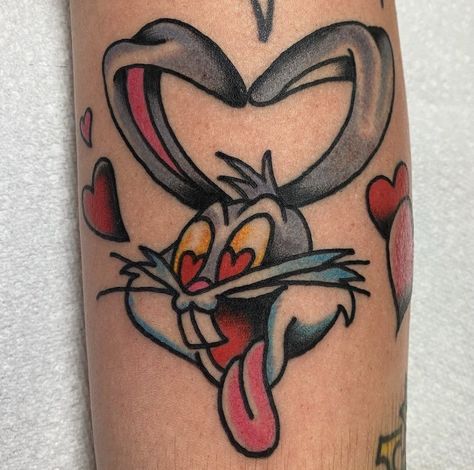 Tattoo Flash For Woman, Bunny Tattoos For Women, Odd Tattoos Unique, Looney Tunes Tattoos, Love Themed Tattoos, Cartoon Tattoos Women, Bugs Bunny Tattoo, Looney Tunes Tattoo, Bunny Tattoos