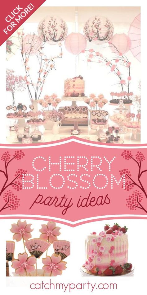 Cherry Blossom 1st Birthday Theme, Chinese Cherry Blossom Party Theme, Cherry Blossom Tablescape, Sakura Themed Birthday Party, Spring Blossom Party, Sakura Party Decoration, Cherry Blossom First Birthday, Cherry Blossom Dessert Table, Cherry Blossom Party Ideas