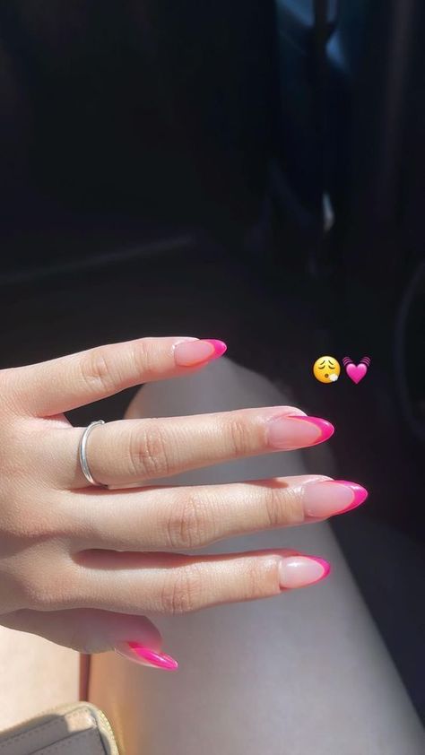 Birthday Nail Ideas Almond Shape, Nail Inspo For Almond Nails, Pink Nails With Dark Pink Tips, Pink Glittery Nails Almond, Dark Pink French Tip Nails Almond, Almond Nails With Tips, Baby Pink Nail Inspo Acrylic, Pink Deep French Tip Nails, Almond Nails Hot Pink French Tip