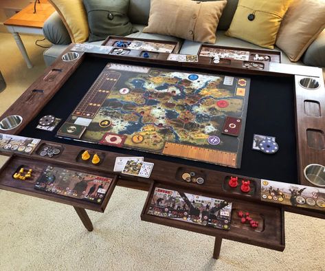 Table For Board Games, Board Game Living Room, Board Game Table Ideas, Board Game Coffee Table, Dnd Table Diy, D&d Table, Board Game Room Design, Board Game Room Ideas, Diy Board Game Table