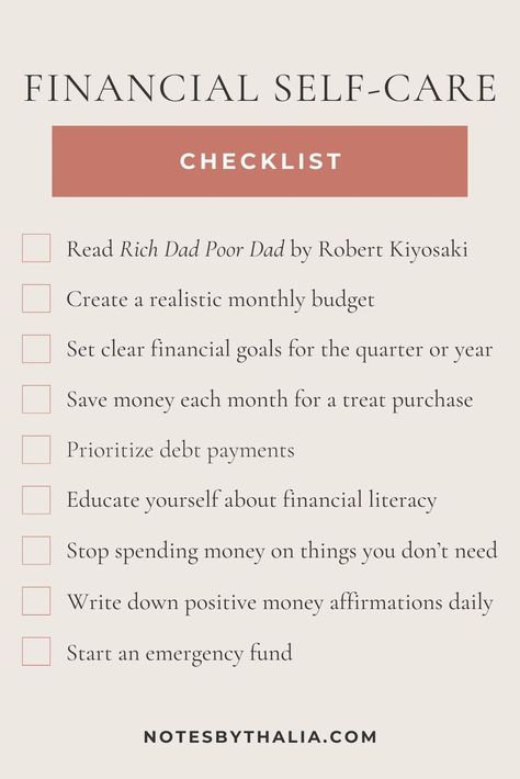 Financial Self-Care Ideas You Can Add to Your Daily Routines  Checklist; black text over beige background with square checkboxes Take Care Of Your Mind, Money Worries, Monthly Budget Printable, Financial Fitness, Health Affirmations, Rich Dad Poor Dad, Budget Printables, Financial Health, Daily Routines