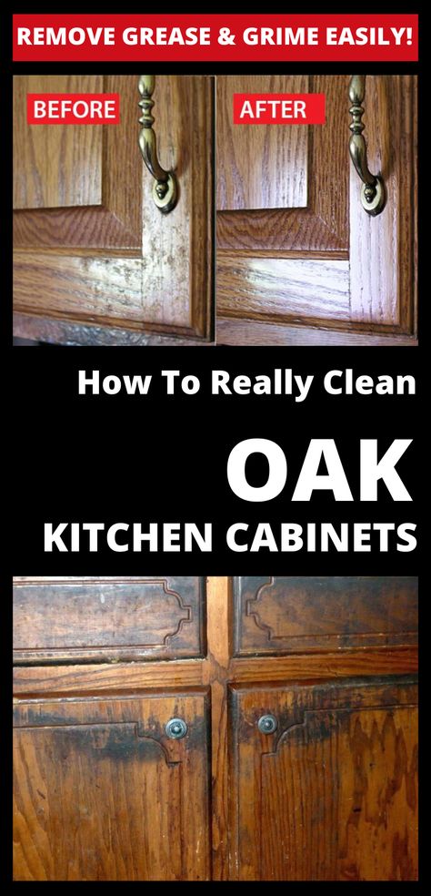 Remove Grease And Grime Easily! How To Really Clean Oak Kitchen Cabinets - CleaningInstructor.com Clean Oak Kitchen Cabinets, Cabinet Cleaner, Cleaning Grease, Cleaning Cabinets, Deep Cleaning Hacks, Clean Kitchen Cabinets, Oak Kitchen Cabinets, Wood Kitchen Cabinets, Cleaning Wood