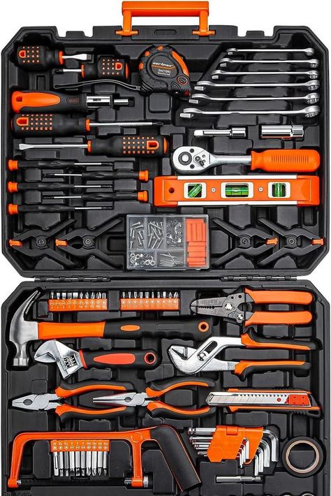 CARTMAN Tool Set Kit General Household Hand with Plastic in Storage Case Orange. Perfect for apartments and homes. Toolbox Storage, Mens Outdoor Fashion, Hand Tool Kit, Engineering Tools, Hand Tool Set, Bosch Tools, Socket Wrench, Mechanic Tools, Construction Tools