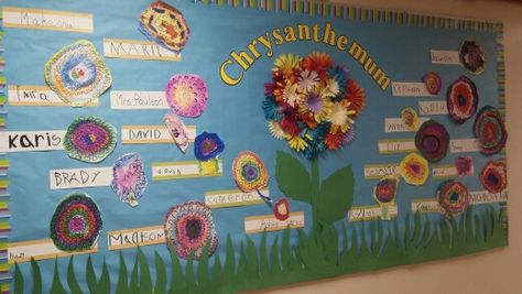 Our Chrysanthemum bulletin board Chrysanthemum Bulletin Board, Literature Decor, Art Bulletin Boards, Kevin Henkes, First Day Activities, School Opening, Education Ideas, Preschool Ideas, Children's Literature