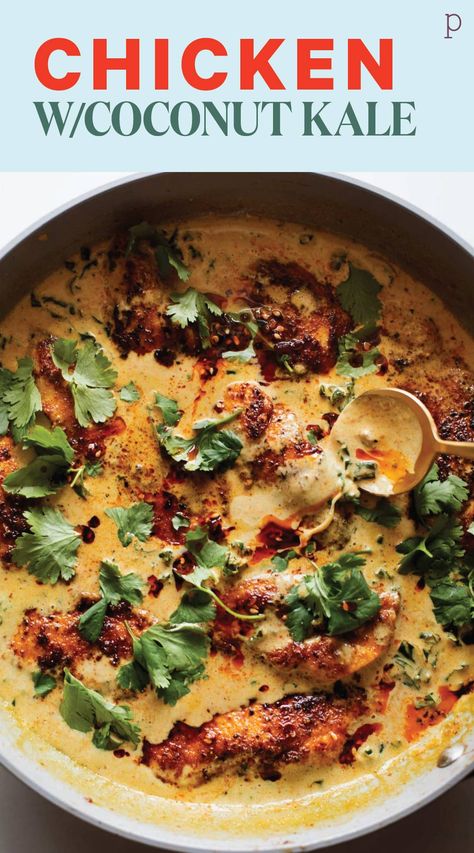 Golden, juicy, thinly sliced pan-fried chicken swims in a creamy coconut-kale gravy-like situation with slips of shallot and a bit of heat. Super easy, minimal ingredients! Coconut Kale, Chicken Kale, Pinch Of Yum, Pan Fried Chicken, Coconut Chicken, Kale Recipes, Winner Winner Chicken Dinner, Dinner Time, Chicken Dinner