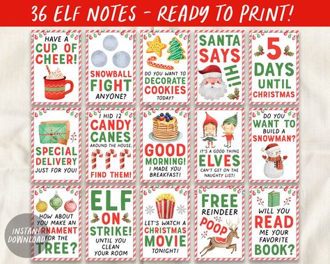 Elf Notes Cards Printable  ➡️ MATCHING Collection here: www.etsy.com/shop/PuffPaperCo/items?search_query=christmaselves THIS IS AN INSTANT DOWNLOAD- NO PHYSICAL PRODUCT WILL BE SHIPPED ------------------------------------ ❤️ 36 ELF NOTES INCLUDED 8.5x11" (formatted with nine 2x3" Elf Notes per page) ------------------------------------ ❤️ HOW THIS WORKS  1. Purchase this listing. 2. Once the payment has gone through, you will be directed by Etsy to the instant download page --------------------- Elf On The Shelf Simple Ideas, Elf On The Shelf Notes Printable Free, Elf On Shelf Notes, Elf Printables Free, Elf On Shelf Printables, Elf Cards, Elf On The Shelf Printables, Santa Christmas Party, Santa Notes