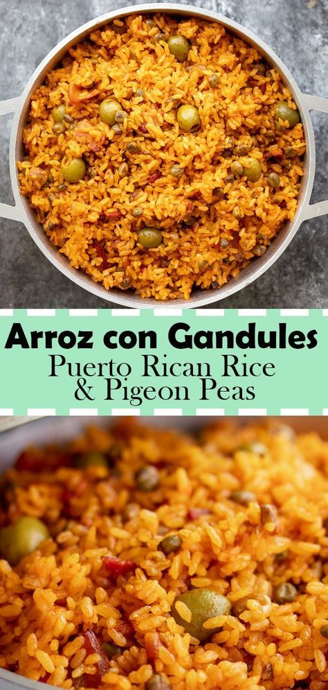 Arroz con Gandules is the best Puerto Rican rice dish that is filled with flavor. Arroz con Gandules is a traditional Puerto Rican dish that is served usually around Christmas season or special occasions. One of the main reasons why this is served for special occasions is because it serves ALOT of people. It is referred as “Puerto Rican Rice” and includes the Puerto Rican Cuisine seasoning sofrito to give it the unique mouthwatering taste. #dinner #recipe #puertorico #easyrecipe #rice #delicious Pigeon Peas Recipe, Puerto Rican Recipes Rice, Puerto Rican Rice, Thanksgiving Dinner For Two, Sofrito Recipe, Recetas Puertorriqueñas, Arroz Con Gandules, Puerto Rican Cuisine, Puerto Rican Dishes