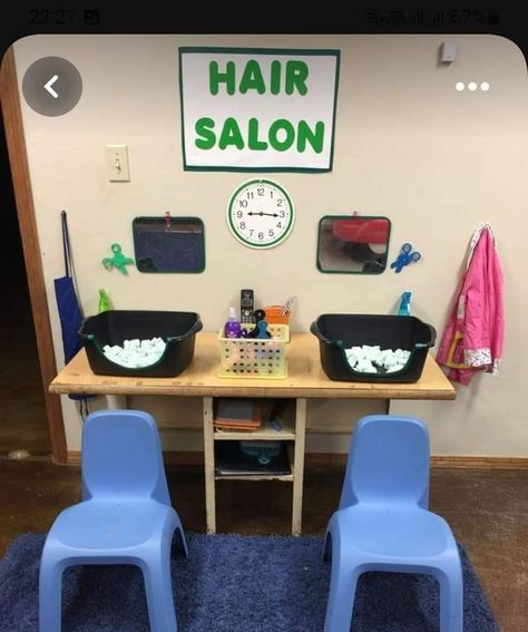 Hair Salon Role Play Eyfs, Barber Shop Dramatic Play Preschool, Hospital Playroom Ideas, Preschool Community Helpers Theme Dramatic Play Centers, Guided Play Preschool, Dramatic Play Area Preschool Classroom, Preschool Dramatic Play School Theme, Hair Salon Preschool Dramatic Play, Salon Activities For Preschool