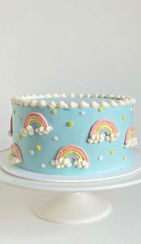 Simple Pastel Rainbow Cake, Cake With Rainbow Frosting, Simple Rainbow Cake Birthday, Girls Birthday Cakes Simple, 12 Birthday Cake Ideas, One Layer Cake Design, Rainbow Design Cake, 2nd Birthday Cake Ideas, Blue Rainbow Cake