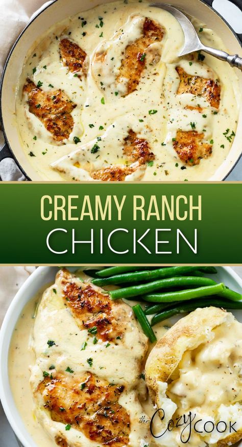 creamy ranch chicken with a side of baked potatoes and green beans Chicken Dinner Recipes Easy, Creamy Ranch Chicken, Easy Chicken Dinner, Ranch Chicken Recipes, Chicken Tenderloin Recipes, Easy Skillet Meals, Creamy Ranch, Vegan Burrito, Easy Chicken Dinner Recipes