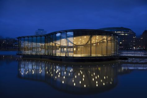 Underground Building, Marina Restaurant, Riverside Restaurant, River Restaurant, Glass Restaurant, Water Architecture, Floating Architecture, Floating Restaurant, Marina Village