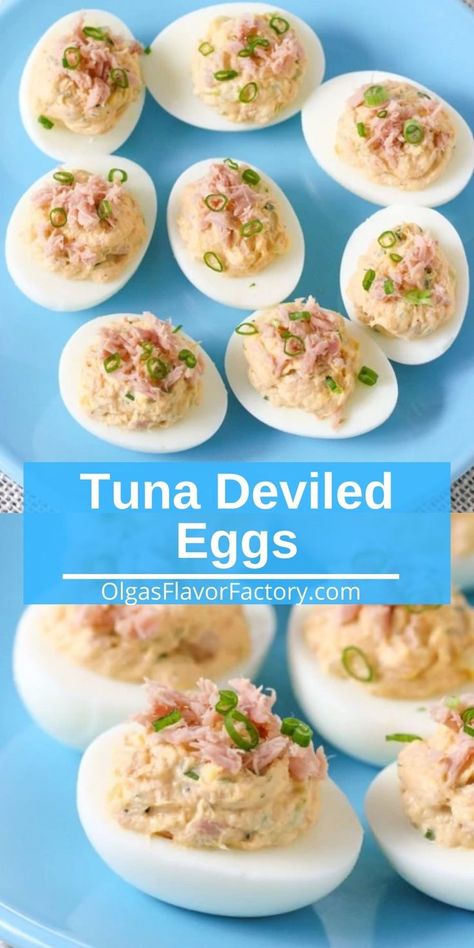 Deviled eggs are a perfect appetizer, snack or lunch option. These Tuna Deviled Eggs are zesty and creamy and have some crunchy texture from the celery and pickle. Doubled Eggs Recipe, Non Traditional Deviled Eggs, Tuna Deviled Eggs Recipe, Tuna Snacks, Tuna Deviled Eggs, Egg Appetizers, Gourmet Deviled Eggs, Salmon Deviled Eggs, Devilled Eggs Recipe Best