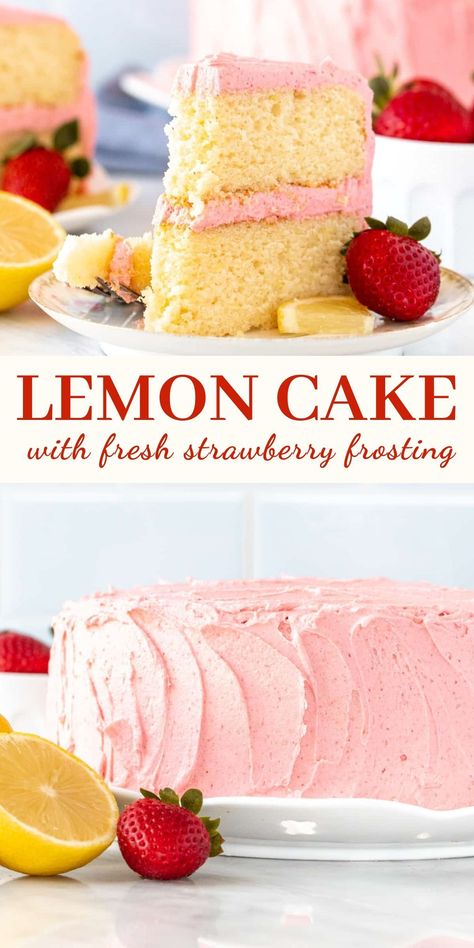 Lemon Strawberry Cake Recipe, Strawberry Cake With Lemon Frosting, Easy Strawberry Lemon Cake, Lemon And Strawberry Cake, Lemon Cake With Strawberries, Strawberry Lemon Desserts, Strawberry Cake Lemon Frosting, June Birthday Cake, Summer Cakes Ideas