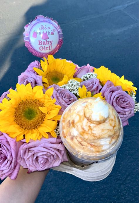 Coffee Tray, Starbucks Drink, Sunflowers, Pink Roses, White Filler, Its A Girl Balloon Starbucks Bouquet, Coffee Bouquets, Coffee Bouquet, Coffee Boutique, Bouquet Business, Drink Carrier, Flower Tray, Gift Tray, Its A Girl Balloons