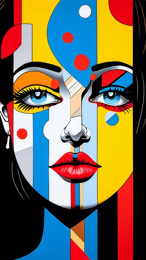 A close up facial portrait in pop art design, with bright colors and patterns. Facial art painting, hard lines, flat style. Size: 2160 x 3840 pixels. #art #popart #painting #facialart #flatstyle #painting #brightcolors #pattern #womanportrait #popularart #vintageart #retrodesign #digitalart #abstract Pop Art Illustration Modern, Abstract Pop Art Painting, Abstract Self Portrait Ideas, Pop Art Drawings Ideas, Hard Painting Ideas, Modern Pop Art Painting, Facial Portrait, Facial Art, Images Pop Art