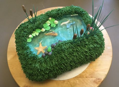 Koi Pond Cake, Pond Cupcakes, Aquarium Cake, Pond Party, Fishing Cakes, Pond Cake, Swimming Cake, Fishing Cake, Dad Birthday Cakes