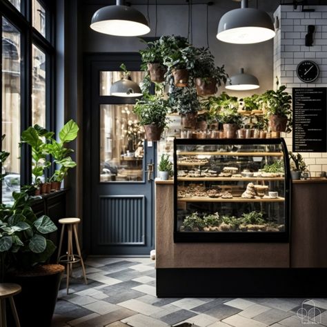 Bakery , Interior design , Plants , calm Small Bake Shop Design, Moody Bakery Interior, Olive Green Cafe Interior, Bakery With Plants, Plant Cafe Interior, Plant Bakery, Coffee Shop With Plants, Bakery Ideas Interior, Bloxburg Bakery