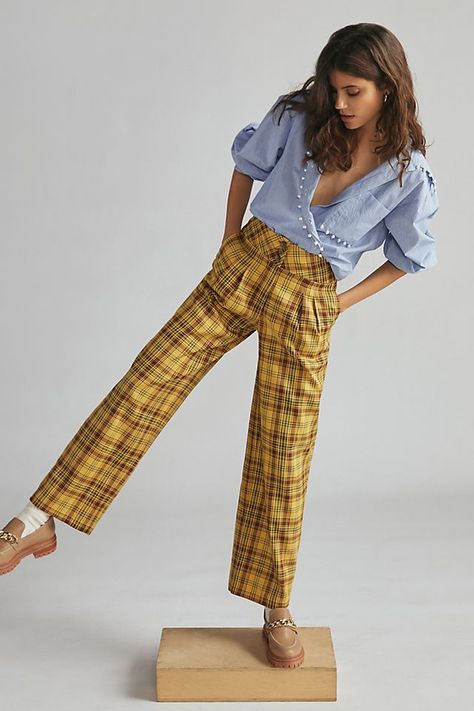 Yellow Plaid Pants, Eclectic Clothing Style, Plaid Pants Outfit, Funky Pants, Anthropologie Clothing, Anthropologie Style, Yellow Plaid, Plaid Pants, 50 Fashion