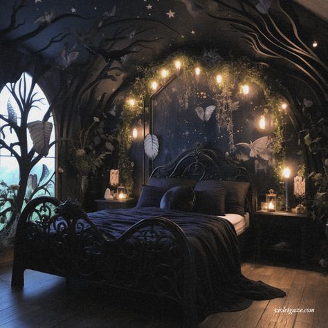 9 whimsy goth bedroom ideas to inspire dark creatives | violet gaze Gothic Fairy Bedroom, Celestial Room Aesthetic Bedroom, Dark Romantic Bedroom Ideas For Couples, Dark Goth Bedroom, Witchcraft Bedroom, Romantic Goth Bedroom, Dark Fantasy Bedroom, Gothic Whimsy, Room Asthetics