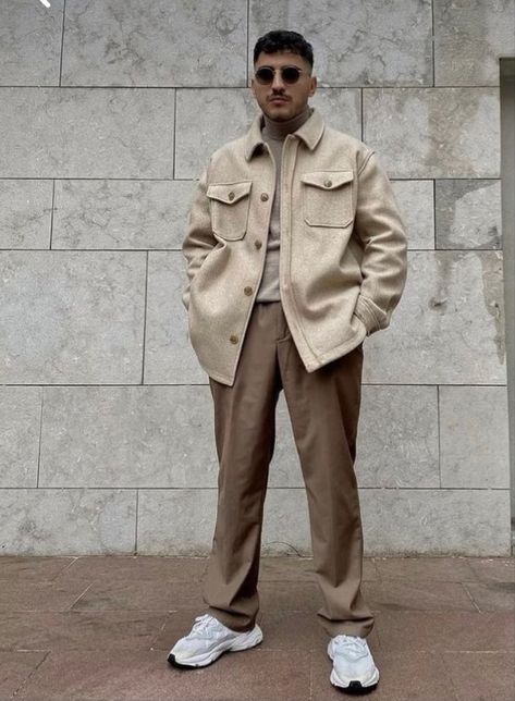 Beige Outfit Men Street Styles, Tan Monochrome Outfit Men, Cream Aesthetic Outfit Men, Cream Outfits For Men, Semi Formal Aesthetic Outfits Men, Formal Beige Outfit, Beige Outfit Aesthetic Men, Men Cream Outfit, Cream Outfits Men