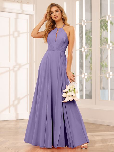 Lavetir sells a large selection of 2024 new bridesmaid dresses and wedding party dresses online. Here is the dress detail: Fabric: Chiffon; Silhouette: A-Line/Princess; Neckline: Halter; Hemline/Train: Floor-Length; Embellishment: Split Side; Sleeve: Sleeveless; Waist: Natural; Back Style: Other; Built-In Bra: Yes; Season: Spring;Summer;Fall;Winter; Shown in Light Purple color. Light Purple Bridesmaid Dresses, Dresses With Split, Lavender Bridesmaid Dresses, Purple Bridesmaids, Purple Bridesmaid Dresses, Party Dresses Online, Dusty Purple, Wedding Mood Board, Lilac Color