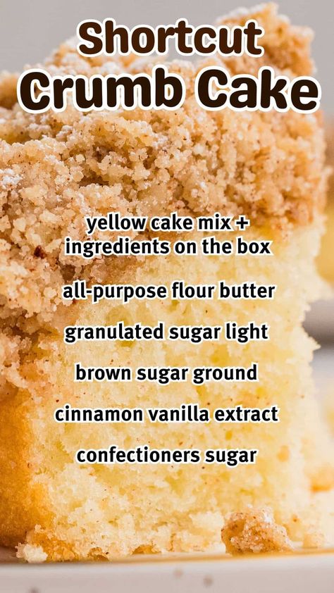 Make an incredible New York style crumb cake with cake mix in minutes with this easy recipe. It’s buttery and moist, with a generous layer of homemade crumb topping that's simply irresistible. If you’re craving the best crumb cake with less fuss, this recipe will be your new go-to! Ny Style Crumb Cake, Bread From Cake Mix Easy Recipes, Cake Mix Crumb Cake, Bread Crumb Recipes, Ny Crumb Cake Recipe, Crumb Cake With Box Cake, Easy Crumb Cake, Crumble Cake Recipe, Cinnamon Crumb Cake