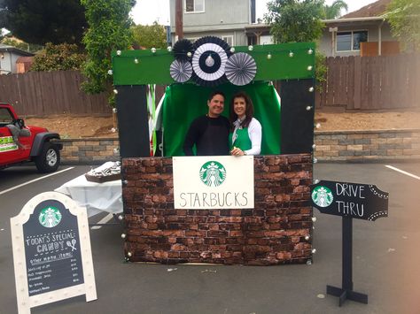 Starbucks Trunk Or Treat Ideas For Cars, Starbucks Drive Thru Trunk Or Treat, Dunkin Trunk Or Treat, Starbucks Trunk Or Treat Ideas, Dunkin Donuts Trunk Or Treat, Dunkin’ Donuts Trunk Treat, Starbucks Decor, Halloween Sunday School, Parking Lot Party