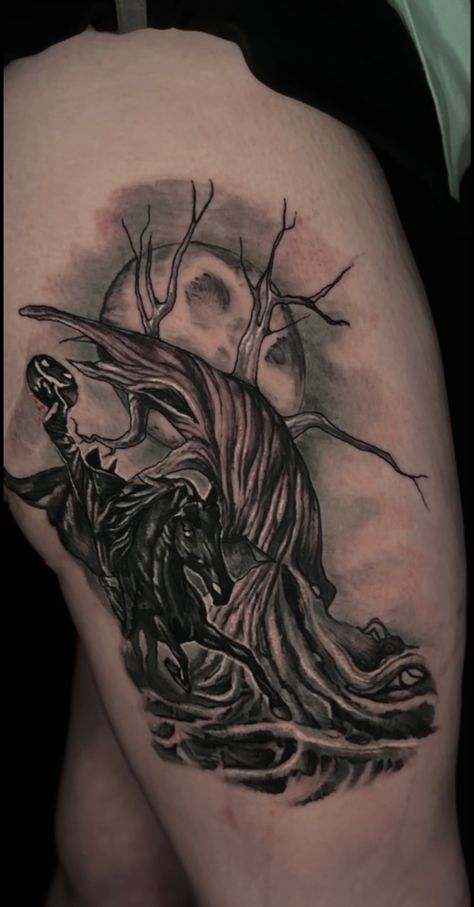 Sleepy Hollow Tree Tattoo, Sleepy Hollow Tattoo Tim Burton, Sleepy Hallow Tattoo, Gothic Tree Tattoo, Sleepy Hollow Tattoo, Headless Horseman Tattoo, Hollow Tattoo, Baddie Tats, Tim Burton Tattoo