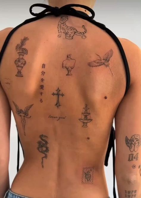 Word Back Tattoos For Women, Tattoo And Their Meanings, Back Tattoo Women Design, Minimalistic Back Tattoo, Minimalist Back Tattoo Women, Sticker Back Tattoo, Powerful Woman Tattoo, Small Tattoos Back, Women Back Tattoos Classy