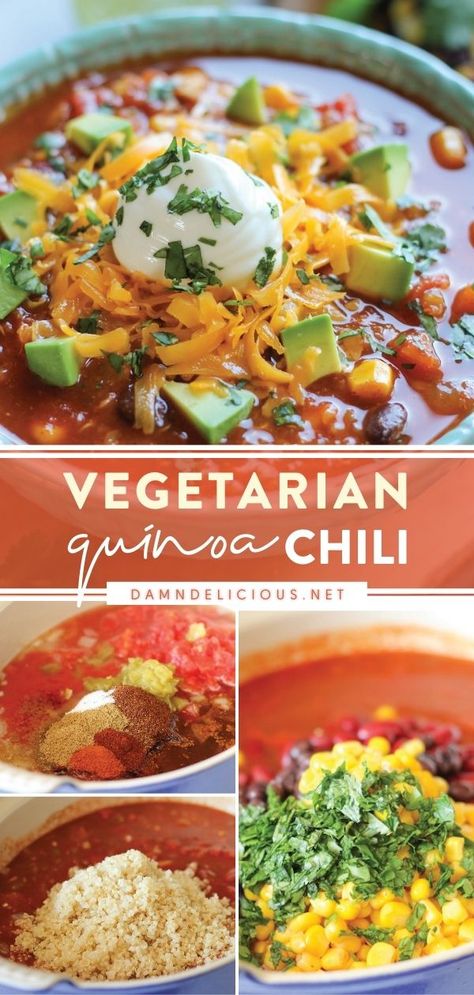 QUINOA CHILI Vegetarian Chili With Quinoa, Chili Without Beans, Vegetarian Dinner Ideas, Vegetarian Quinoa Chili, Cozy Soups, Recipes Chili, Quinoa Chili, Veggie Chili, Vegetarian Quinoa