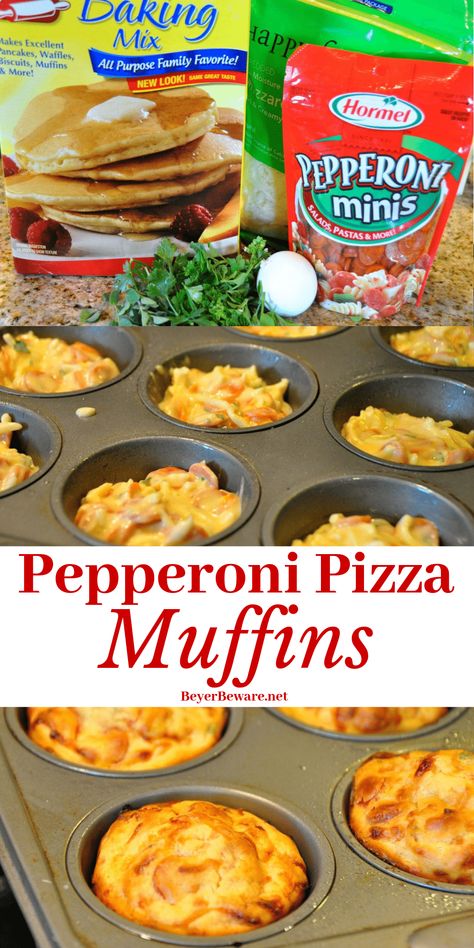 Pepperoni pizza muffins recipe uses biscuit mix, mini pepperonis and eggs to make a great meal on the go that can also be frozen for lunchboxes or snacks. #Lunchboxideas #Muffins #Pizza #PizzaMuffins #PepperoniPizza #EasyRecipes #FreezerMeals Mini Pepperoni Recipes, Pizza Spring Rolls, Pepperoni Pizza Casserole Recipe, Pizza Muffins Recipe, Pepperoni Bites, Pepperoni Pizza Bites, Mix Pizza, Pepperoni Recipes, Pizza Recipes Pepperoni