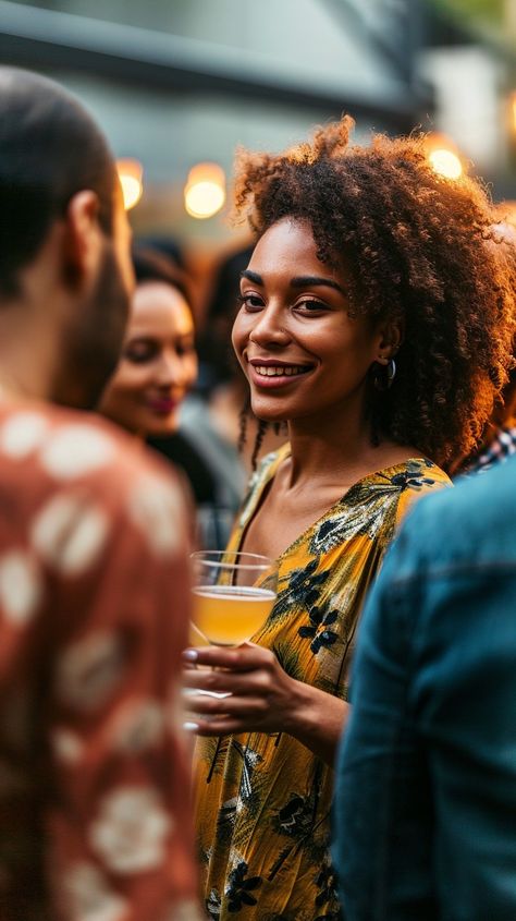 Friendly Social Gathering: A young woman enjoys a conversational moment with friends at a vibrant outdoor social event. #woman #gathering #friends #conversation #outdoor #party #social #event #aiart #aiphoto #stockcake https://ayr.app/l/4h4m Black Networking Event, Event Aesthetic People, Networking Event Photography, Night Club Photography, People At A Party, Event Moodboard, Friends Conversation, Business Conversation, Pr Event