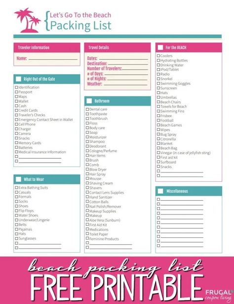 Forget Nothing! Complete Free Beach Packing List Printable PDF Beach Packing Checklist, Beach Packing List, Beach Life Hacks, Beach Recipes, Beach Vacation Packing, Beach List, Beach Vacation Packing List, Beach Packing, Beach Stuff