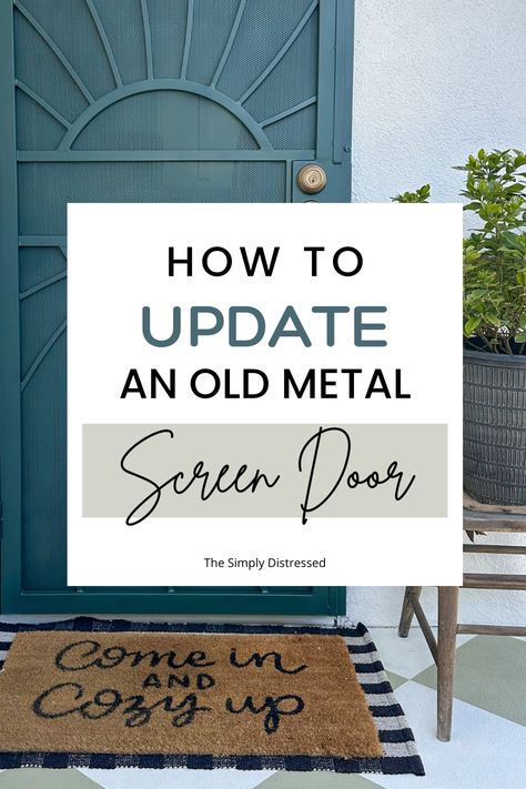 See how you can update your old metal screen door with a few steps. This simple and affordable DIY will make a big impact. Front Door With Screen Doors Metal, Painted Metal Screen Door, Painting Security Screen Door, Mcm Storm Door, Security Screen Door Makeover, Front Door With Security Door, Painting A Screen Door, Metal Storm Door Makeover, Painted Security Screen Door