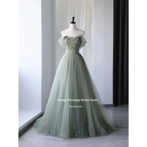 Formal Graduation Dresses, Evening Dress Outfit, Formal Dresses Graduation, Off Shoulder Evening Dress, Green Tulle, Stunning Prom Dresses, Tulle Sleeves, Corset Dress Prom, Mermaid Bridesmaid Dresses