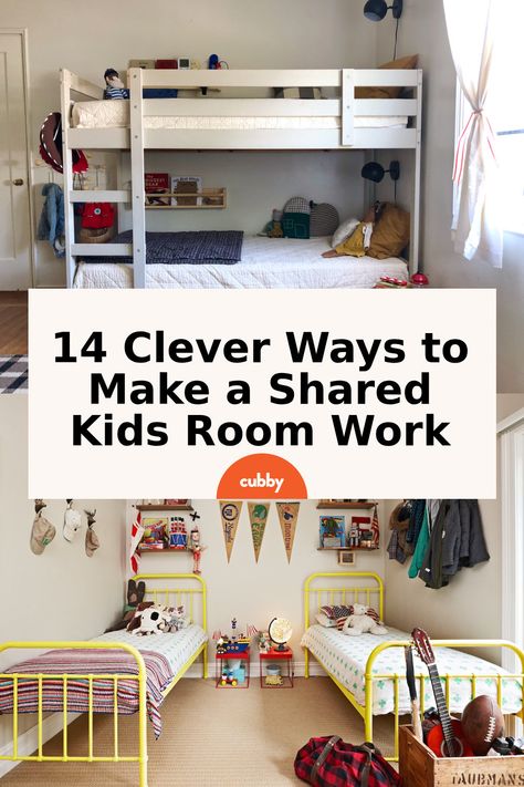 Designing shared kids rooms can be tricky because every kid, family, and home is different. What works for one family might not work for another — and that’s okay! Cubby set out to find smart and stylish shared rooms that could give you ideas for your kids’ shared space. Shared Bedroom Playroom, Kids Room Sharing Ideas, Small Space Bunk Bed Ideas, Kids Shared Bedroom Boy And Girl Small Rooms, Boys Bunk Beds Room Ideas Small Bedrooms, Shared Room Layout Ideas, Kids Sharing Small Bedroom, Sharing Kids Room Ideas, Shared Room Storage Ideas