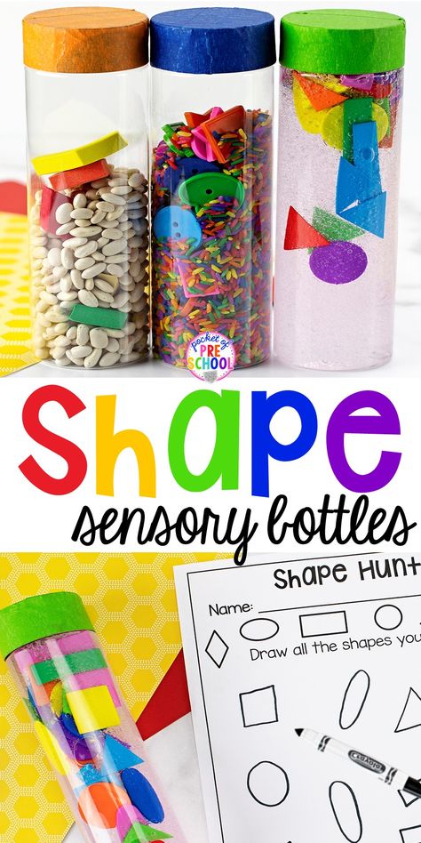 Shape Sensory Bottles - Pocket of Preschool Shape Hunt, Sensory Bottles Preschool, Blocks Center, Ece Activities, Early Preschool, Preschool Shapes, 2d Shapes Activities, Library Centers, Childhood Activities