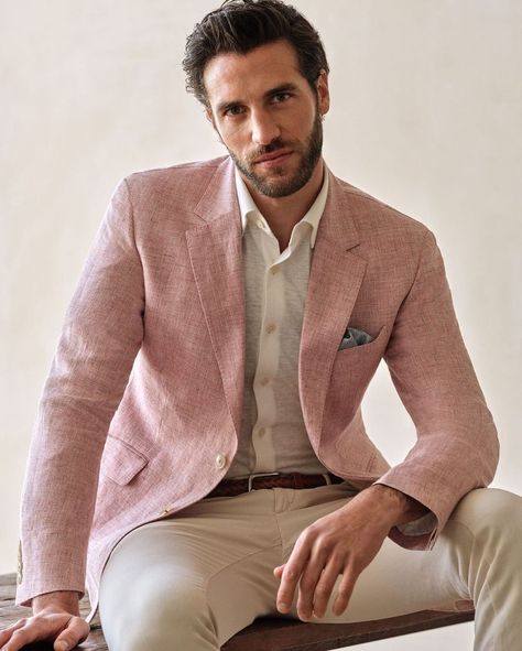 Pink Linen Blazer Outfit, Men Blazer Outfit For Wedding, Pink Blazer Outfit Men, Men Blazer Outfit, Men Linen Suit, Linen Blazer Men, Pink Suit Men, Salmon Pants, Linen Suit Men