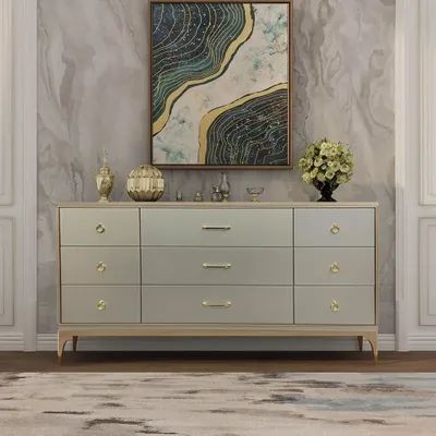 63" Contemporary 9-Drawer Champagne Bedroom Dresser for Storage in Gold Champagne Bedroom, Modern Dressers, Large Storage Cabinets, Gold Dresser, Copper Handles, Gold Bedroom, Bedroom Dresser, Modern Dresser, Dresser Decor