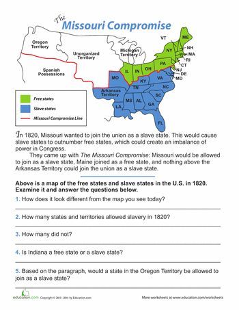 C3 wk8. Worksheets: The Missouri Compromise Missouri Compromise, 8th Grade History, 7th Grade Social Studies, Missouri History, Teaching Us History, Teaching American History, Geography Worksheets, Social Studies Education, Middle School History