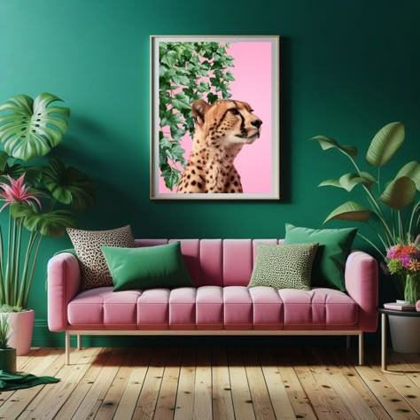 Cheetah Wall Print on Vibrant Pastel Pink Jungle Background, Exotic Maximalist Art, Tropical Jungle Foliage Statement Print - Etsy Green Sofa Pink Cushions, Green And Pink Lounge, Bright Lounge Ideas, Girly Lounge Room, Blush And Green Living Room, Jungle Aesthetic Room, Jungle Style Interior, Dark Green And Pink Living Room, She Cave Ideas For Women