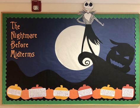 RA Bulletin Board - October 2019  (Pumpkins featured tips and advice to be successful during midterms) Nightmare Before Christmas Bulletin Board Decor, Fall Themed Library Bulletin Boards, Get To Know The Staff Bulletin Board, Halloween College Door Decorations, October Ra Board Ideas, Bulitin Board Ideas School Fall, Midterm Ra Bulletin Board, Nightmare Before Christmas Bulletin Board Ideas, Midterm Bulletin Board Ra