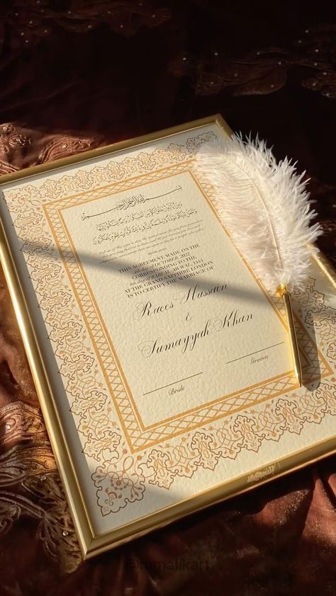 Simple Nikkah, Nikkah Certificate, Wedding Frame Gift, Wedding Card Frames, Unique Wedding Cards, Creative Wedding Gifts, Wedding Certificate, Feather Pen, Bridal Gift Wrapping Ideas