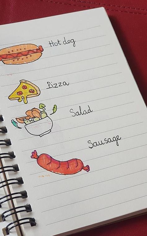 A mother taught her son to memorize English vocabulary by drawing in notebook. Drawing In Notebook, Salad Drawing, Easy Birthday Cards Diy, Hot Dog Pizza, تزيين دفاتر, Dibujo Simple, Classroom Anchor Charts, Paper Duck, Draw Easy