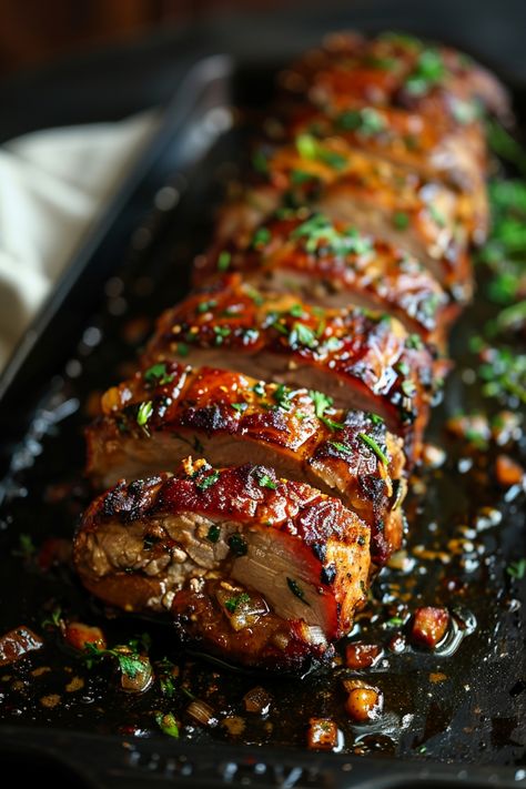 Sliced, glazed meatloaf garnished with fresh herbs in a black baking dish. Juicy Pork Loin Recipes, Rosemary Pork Loin Recipes, Loin Of Pork Recipes Ovens, Pork Boneless Loin Roast, Loin Pork Roast Recipes, Pork Top Loin Boneless Whole, Large Pork Loin Recipes, Cooking Pork Loin In Oven, Pork Loin Wellington