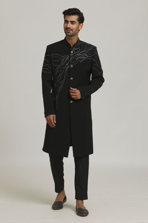 Shop for these amazing collections of Black Boomariyo Placement Embroidery Abstract Wave Sherwani With Pant For Men by Nero by Shaifali and Satya online at Aza Fashions. Engagement Dress For Groom, Stylish Boy Clothes, Embroidery Abstract, Embroidered Sherwani, Placement Embroidery, Indian Groom Wear, Wedding Outfit Men, Men Fashion Casual Shirts, Dresses Classy