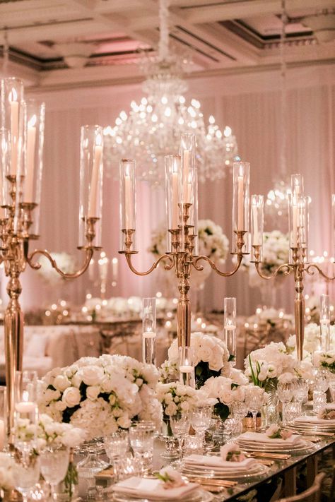 Candleabra Wedding, White Flower Centerpieces, Candelabra Centerpieces, Pastel Wedding Decorations, Candelabra Wedding Centerpieces, Pastel Table, Ballroom Wedding Reception, Tent Wedding Reception, Gold Candelabra