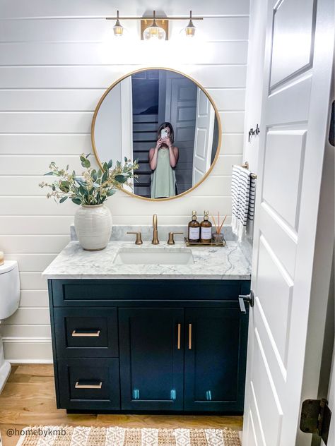 Costal Bathroom Design, Coastal Half Bathroom Ideas, Magnolia Playroom, Blue Half Bathroom, Washroom Makeover, Shiplap Inspiration, Blue And Gold Bathroom, Crystal Ideas, Half Bath Remodel